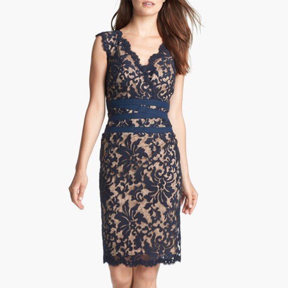 Tadashi Shoji Navy Blue Nude Short Sleeve Mini Lace Dress